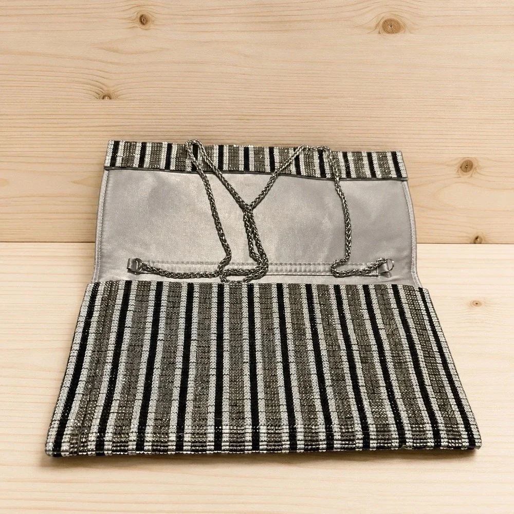Sondra Roberts Silver Black Rhinestone Stripe Clutch Chain Evening Bag[C]